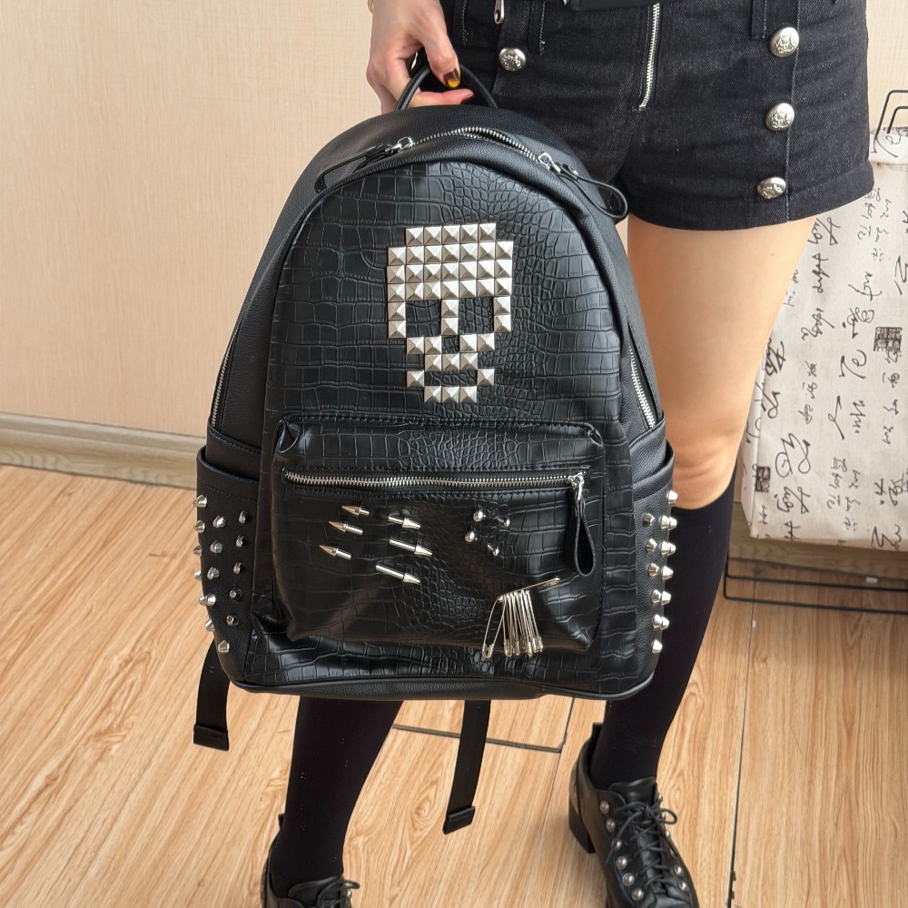Street Fashion Hip Hop - Tas Ransel Motif Kulit Buaya Hitam