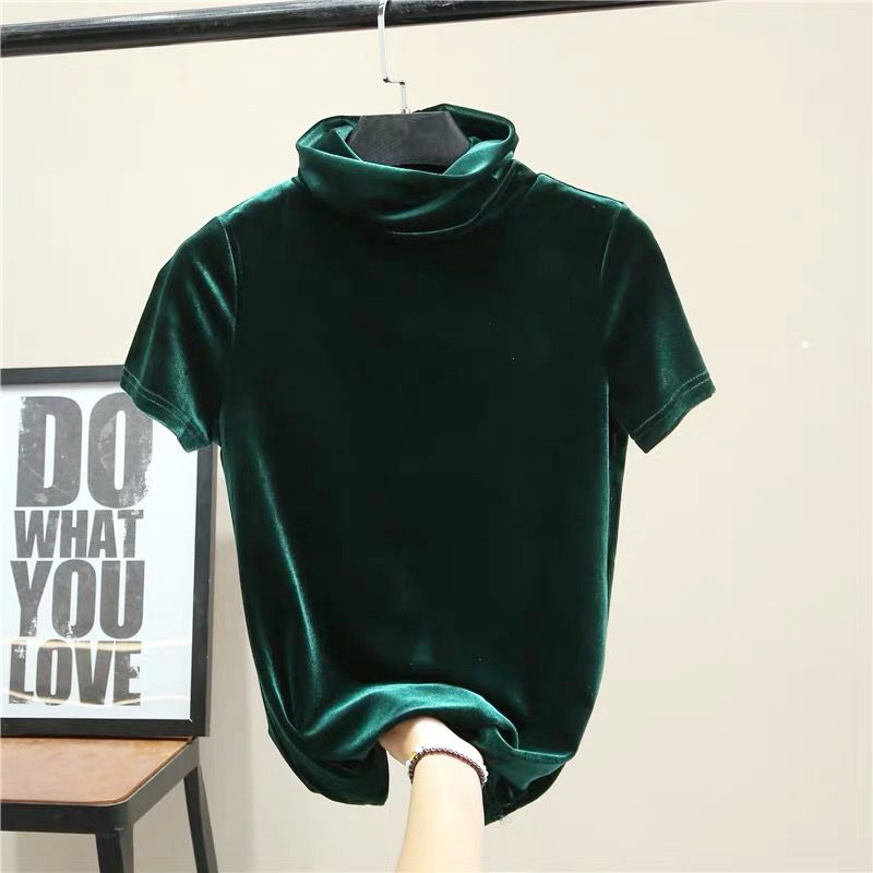 Street Fashion Hip Hop - Kemeja Beludru Lengan Pendek Turtleneck Wanita
