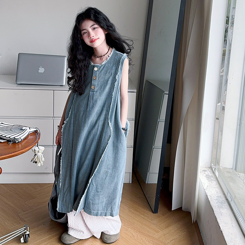 Street Fashion Outfit Girl - Gaun Denim Musim Panas Mewah Anak-anak